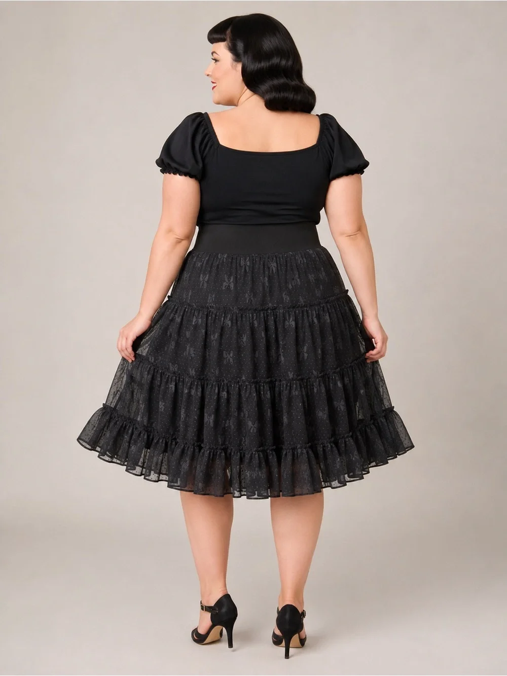 Lindy Bop Black Tiered Swiss Dot Bow Skirt Women’s Size 14–20 Vintage Pin-Up